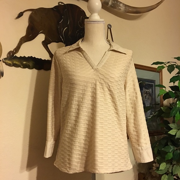 Selene Sport tan textured fabric collared top M - Picture 1 of 9